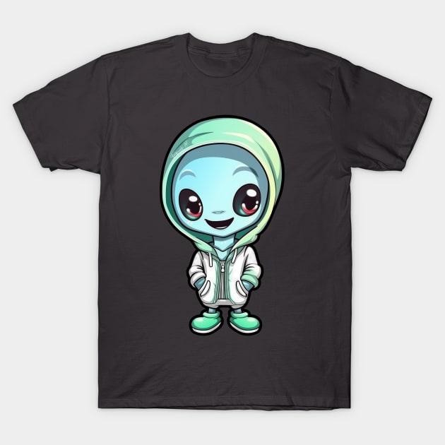 Cool Alien with a Hooded Pullover design #9 T-Shirt by Farbrausch Art